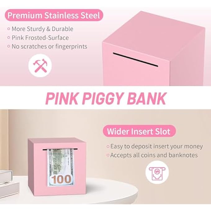 rayihni YELAJOY ADULTS PIGGY BANK MUST BREAK TO OPEN, UNBREAKABLE STAINLESS STEEL PIGGY BANK FOR ADULTS, METAL SAVINGS BOX FOR CASH SAVING (PINK, 4.72 INCH) - Image 2